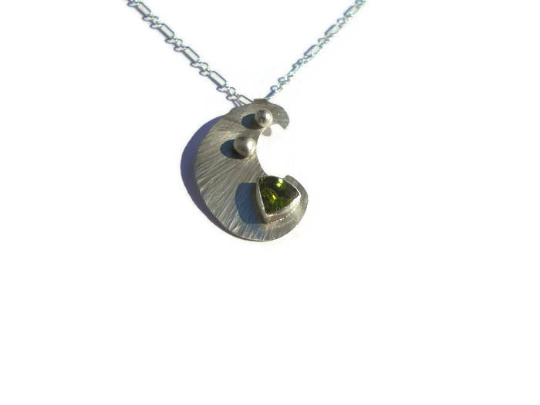 OOAK Large Sterling Silver Paisley Pendant with 15mm Peridot Trillion and Fine Silver Granulation